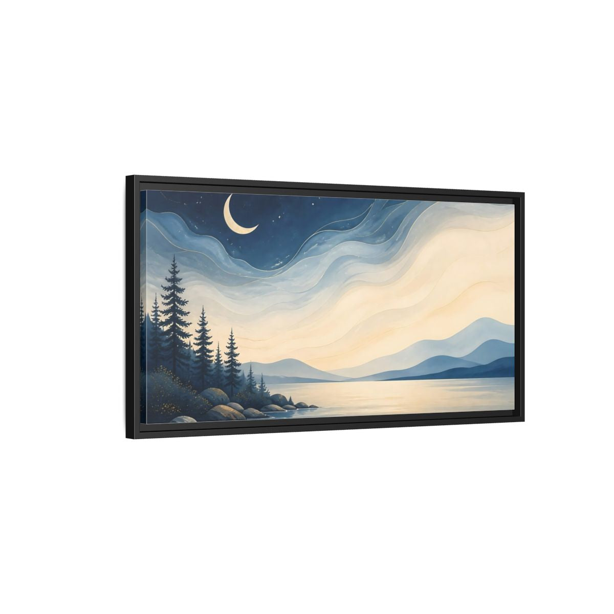 Side Mockup 2. Nature Moonlit Lake Blue Night Landscape shown as stretched canvas wall art