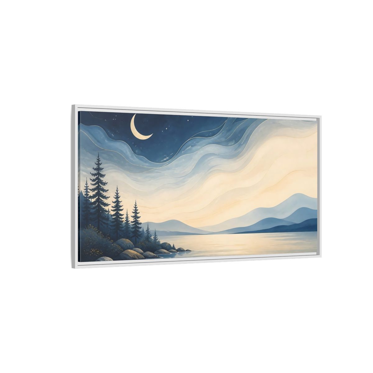 Side Mockup 3. Nature Moonlit Lake Blue Night Landscape shown as stretched canvas wall art
