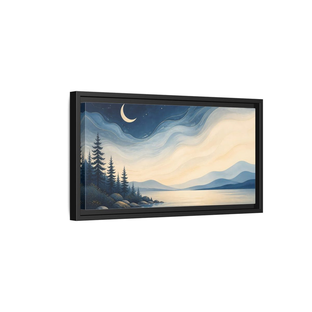 Side Mockup 8. Nature Moonlit Lake Blue Night Landscape shown as stretched canvas wall art