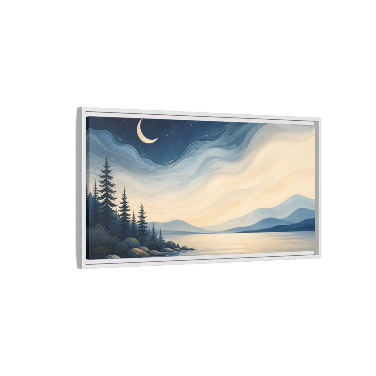 Side Mockup 1. Nature Moonlit Lake Blue Night Landscape shown as stretched canvas wall art