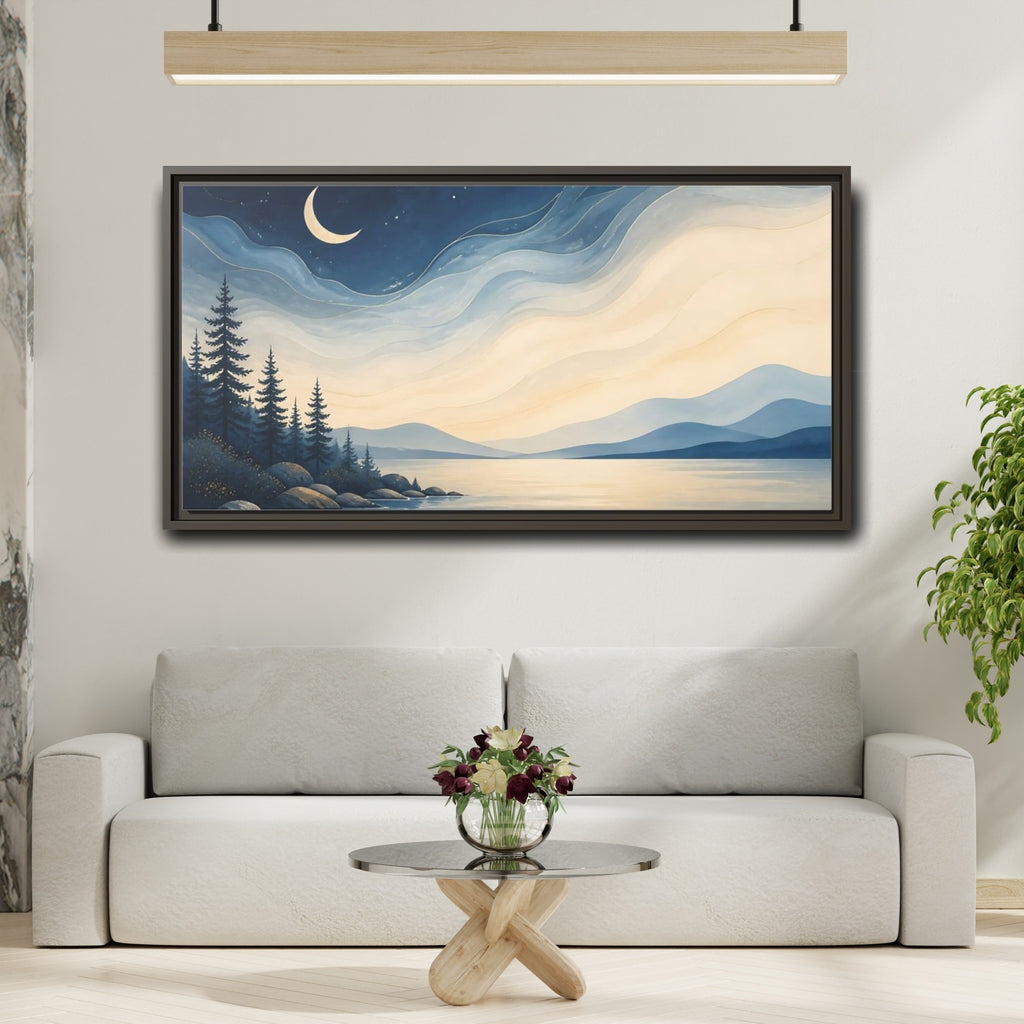 Mockup 2. Nature Moonlit Lake Blue Night Landscape shown as stretched canvas wall art