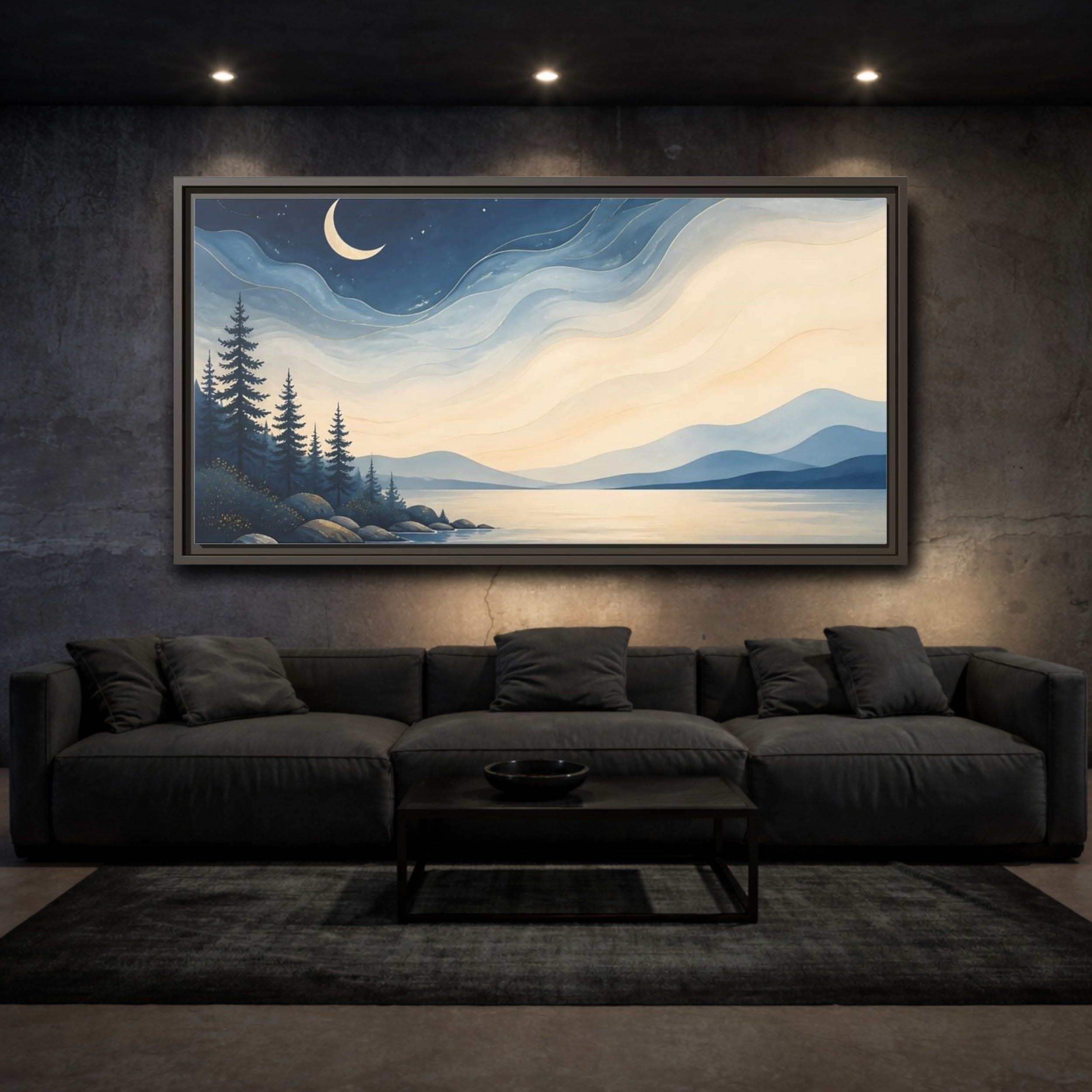 Mockup 3. Nature Moonlit Lake Blue Night Landscape shown as stretched canvas wall art
