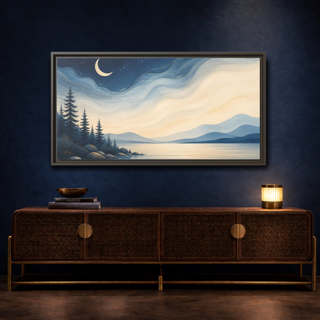 Mockup 4. Nature Moonlit Lake Blue Night Landscape shown as stretched canvas wall art