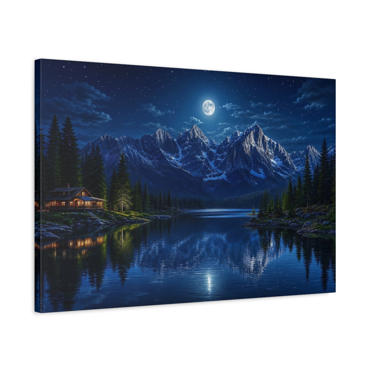 Side Mockup 2. Nature Moonlit Mountains Blue Night Mountains shown as stretched canvas wall art