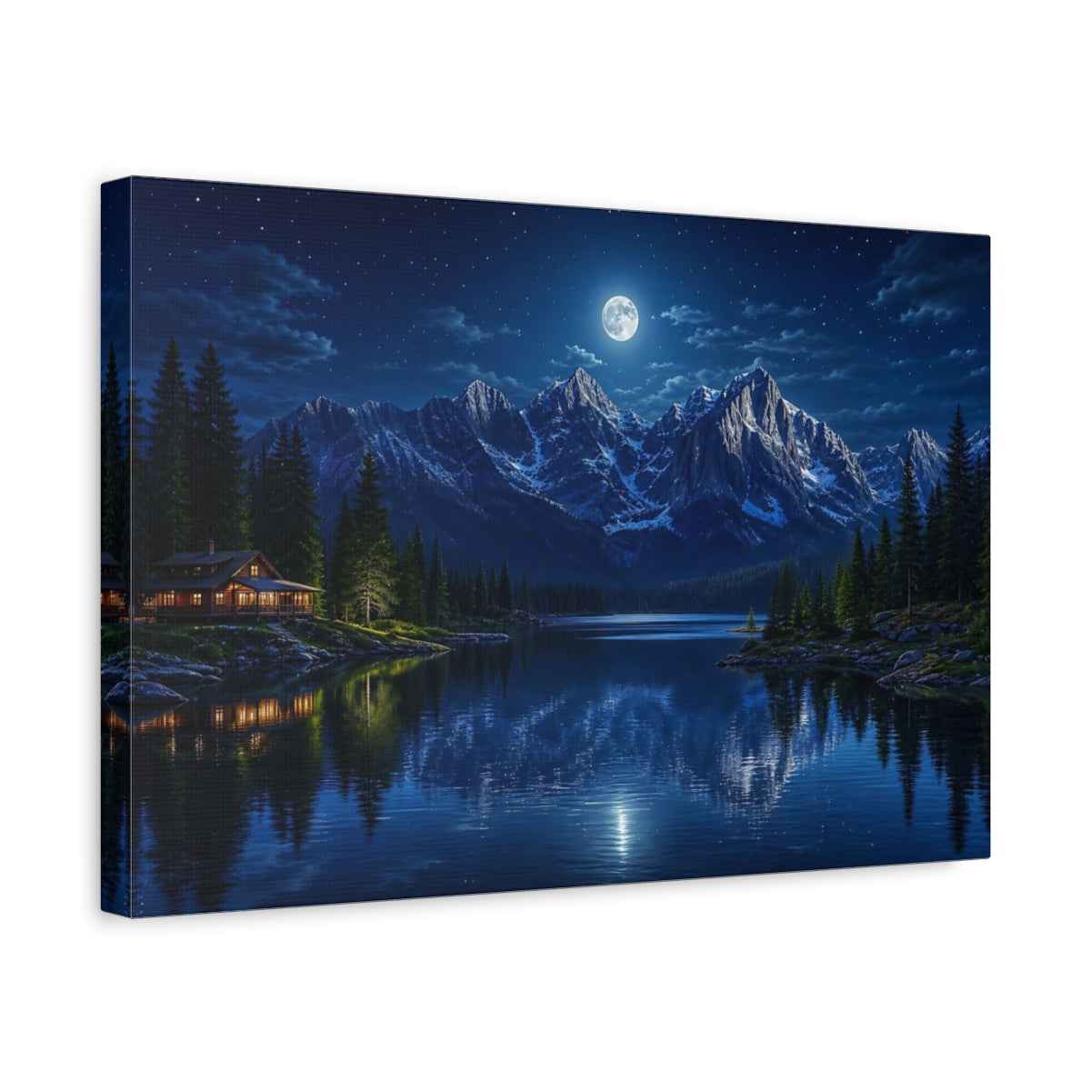 Side Mockup 4. Nature Moonlit Mountains Blue Night Mountains shown as stretched canvas wall art