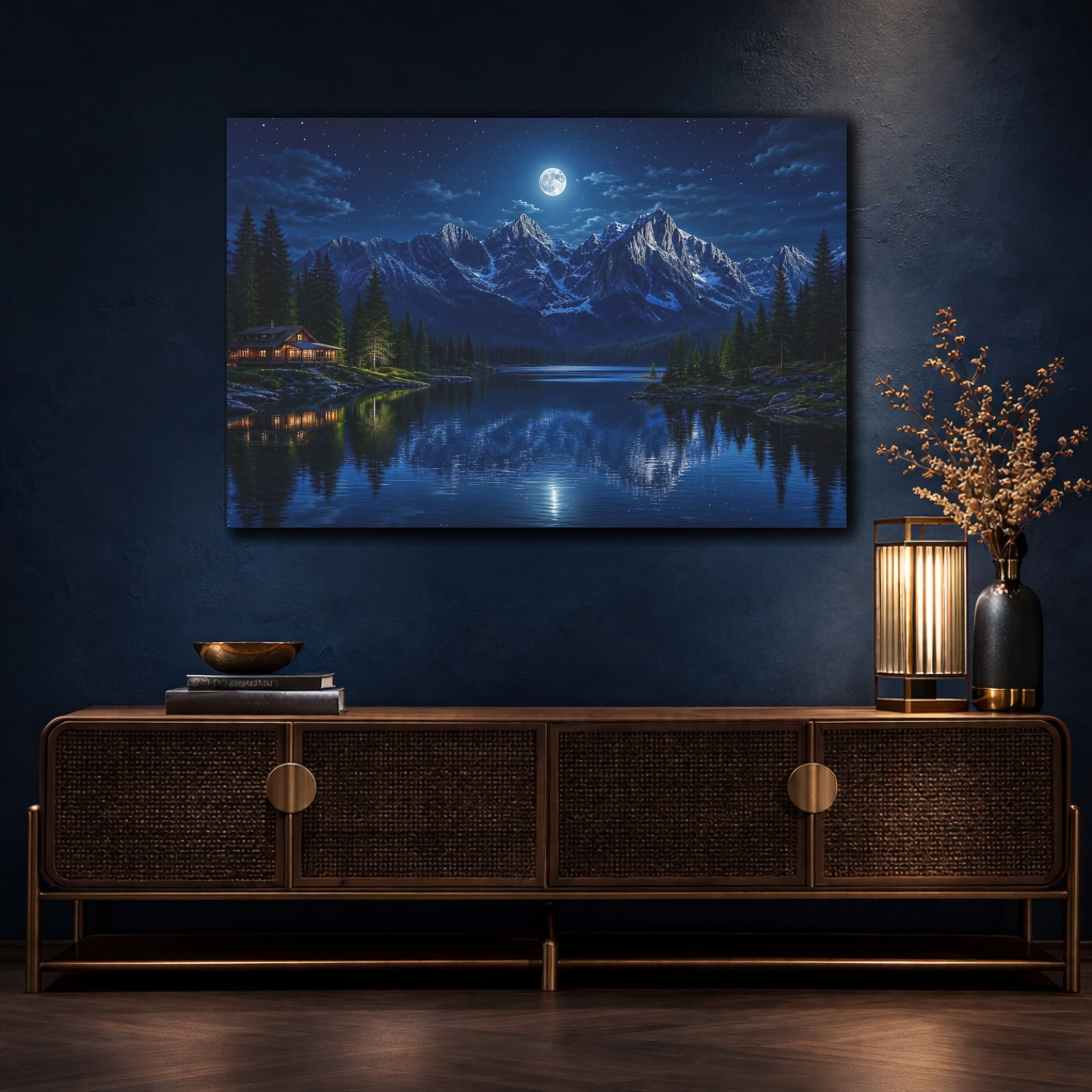 Mockup 4. Nature Moonlit Mountains Blue Night Mountains shown as stretched canvas wall art