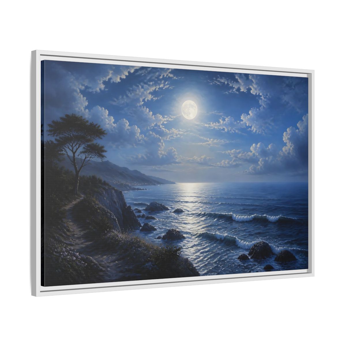 Side Mockup 9. Nature Moonlit Ocean Blue Moon Ocean shown as stretched canvas wall art