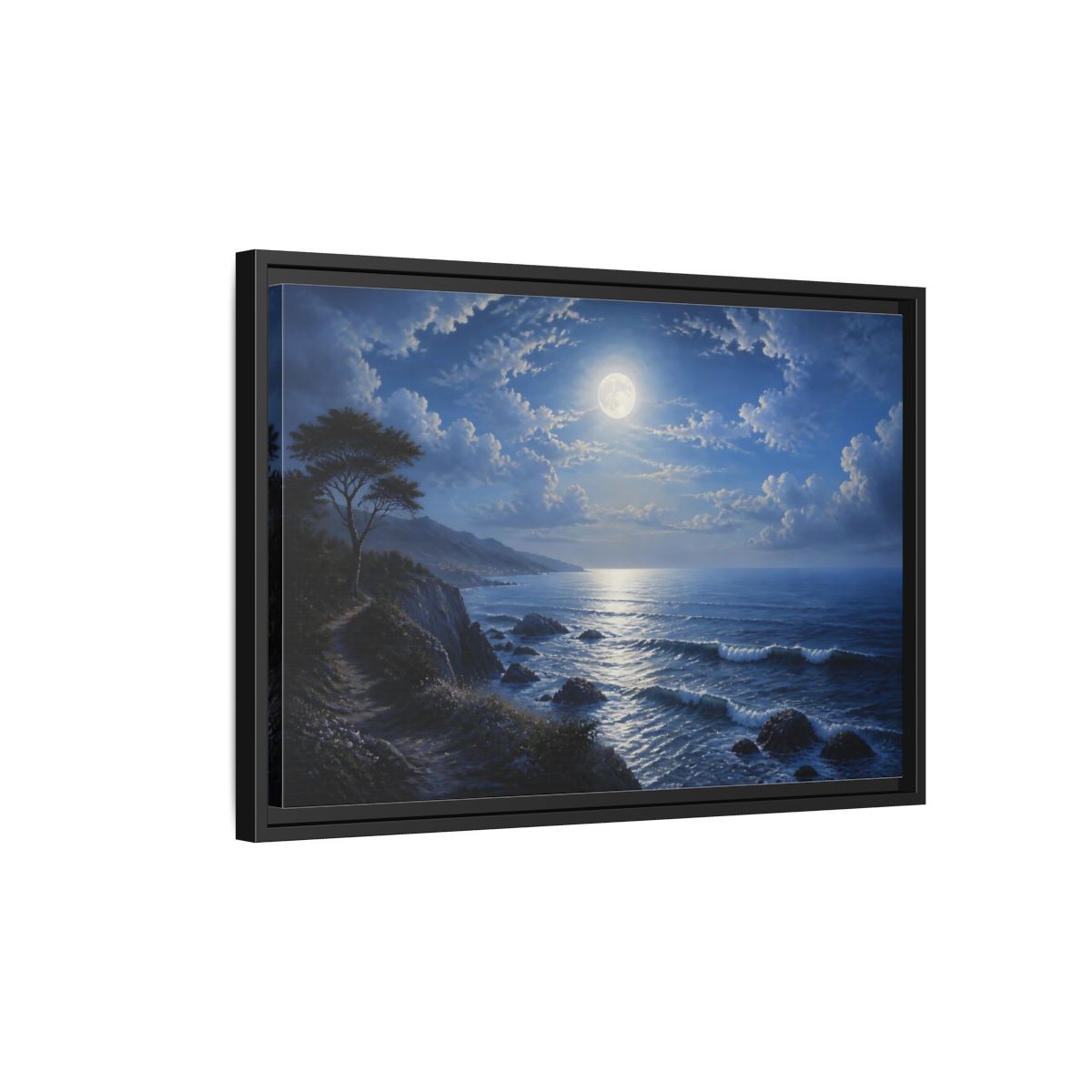 Side Mockup 3. Nature Moonlit Ocean Blue Moon Ocean shown as stretched canvas wall art