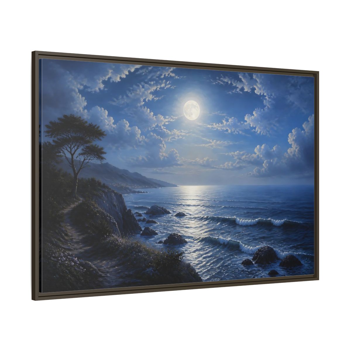 Side Mockup 8. Nature Moonlit Ocean Blue Moon Ocean shown as stretched canvas wall art