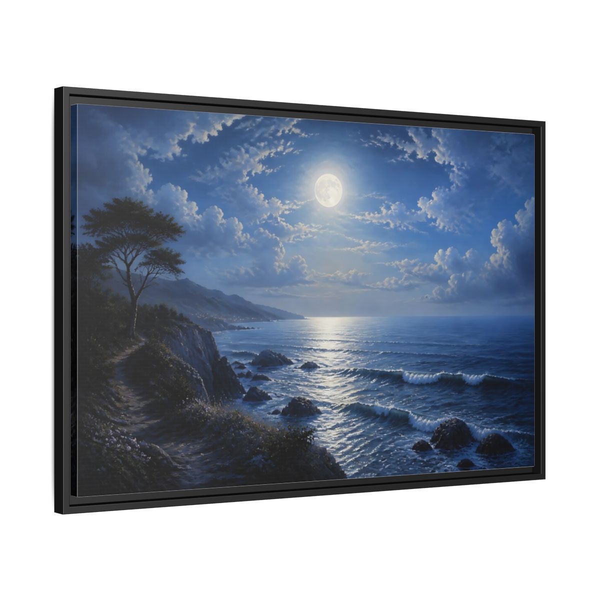 Side Mockup 13. Nature Moonlit Ocean Blue Moon Ocean shown as stretched canvas wall art
