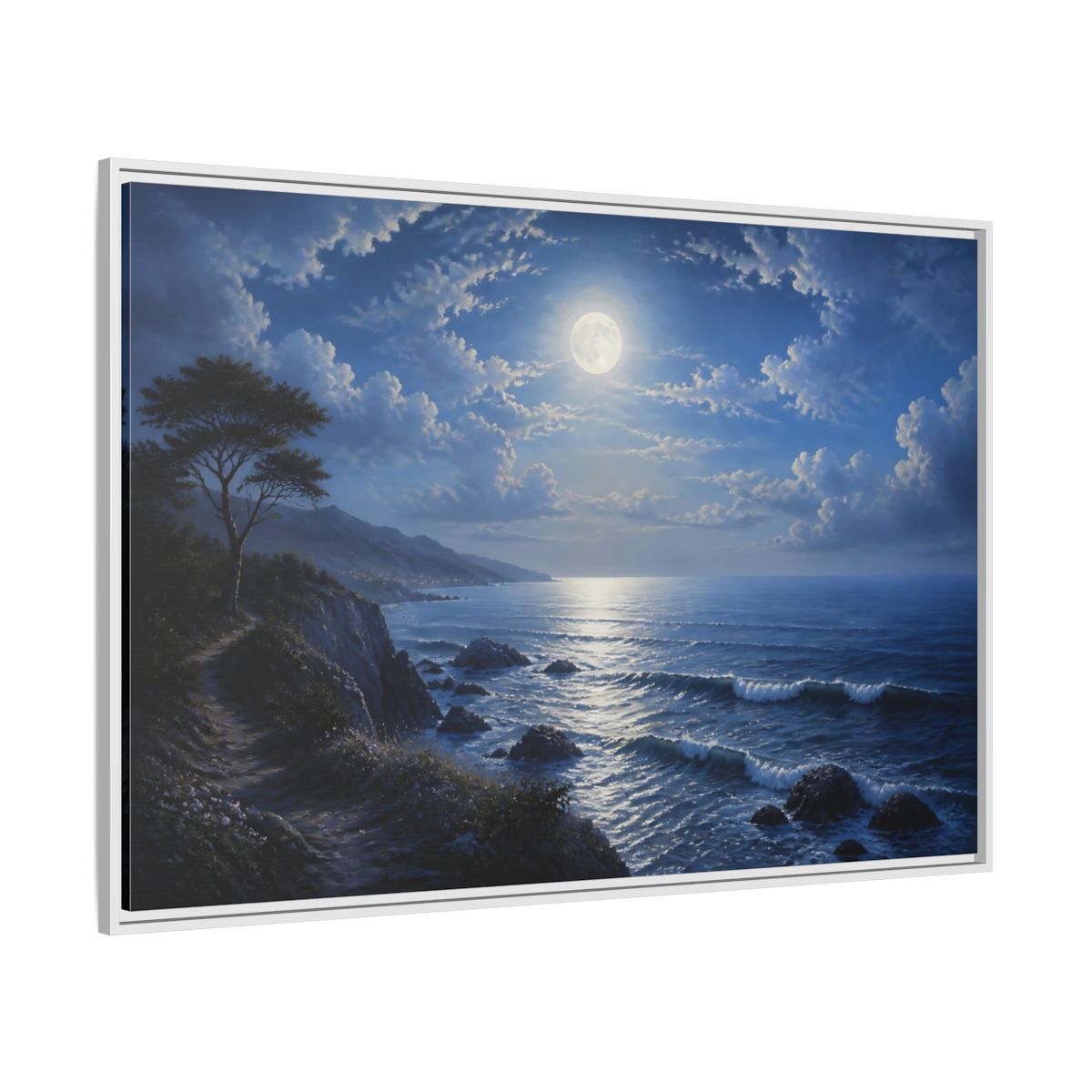 Side Mockup 7. Nature Moonlit Ocean Blue Moon Ocean shown as stretched canvas wall art