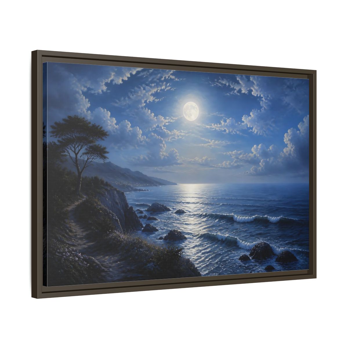 Side Mockup 11. Nature Moonlit Ocean Blue Moon Ocean shown as stretched canvas wall art