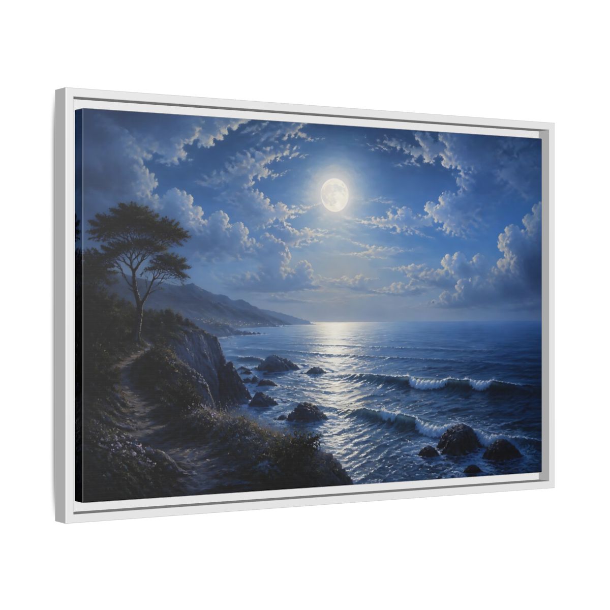 Side Mockup 10. Nature Moonlit Ocean Blue Moon Ocean shown as stretched canvas wall art