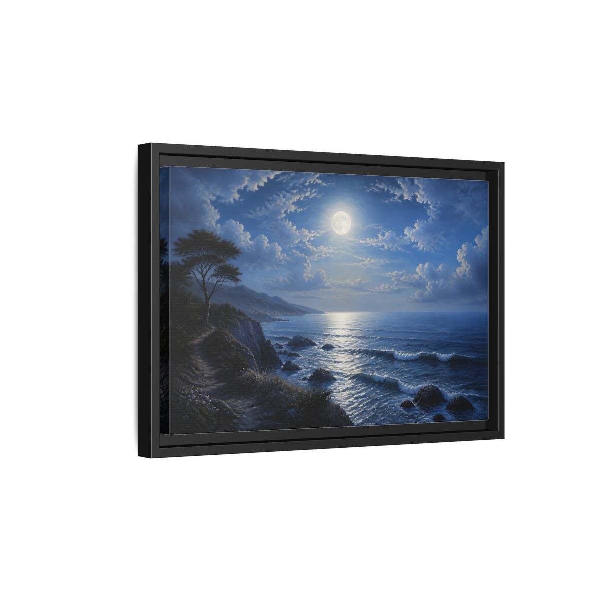 Side Mockup 6. Nature Moonlit Ocean Blue Moon Ocean shown as stretched canvas wall art