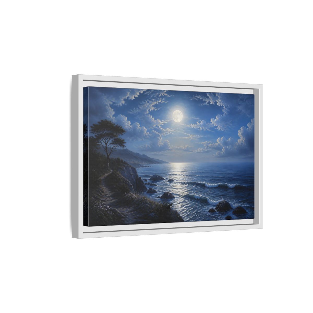 Side Mockup 4. Nature Moonlit Ocean Blue Moon Ocean shown as stretched canvas wall art
