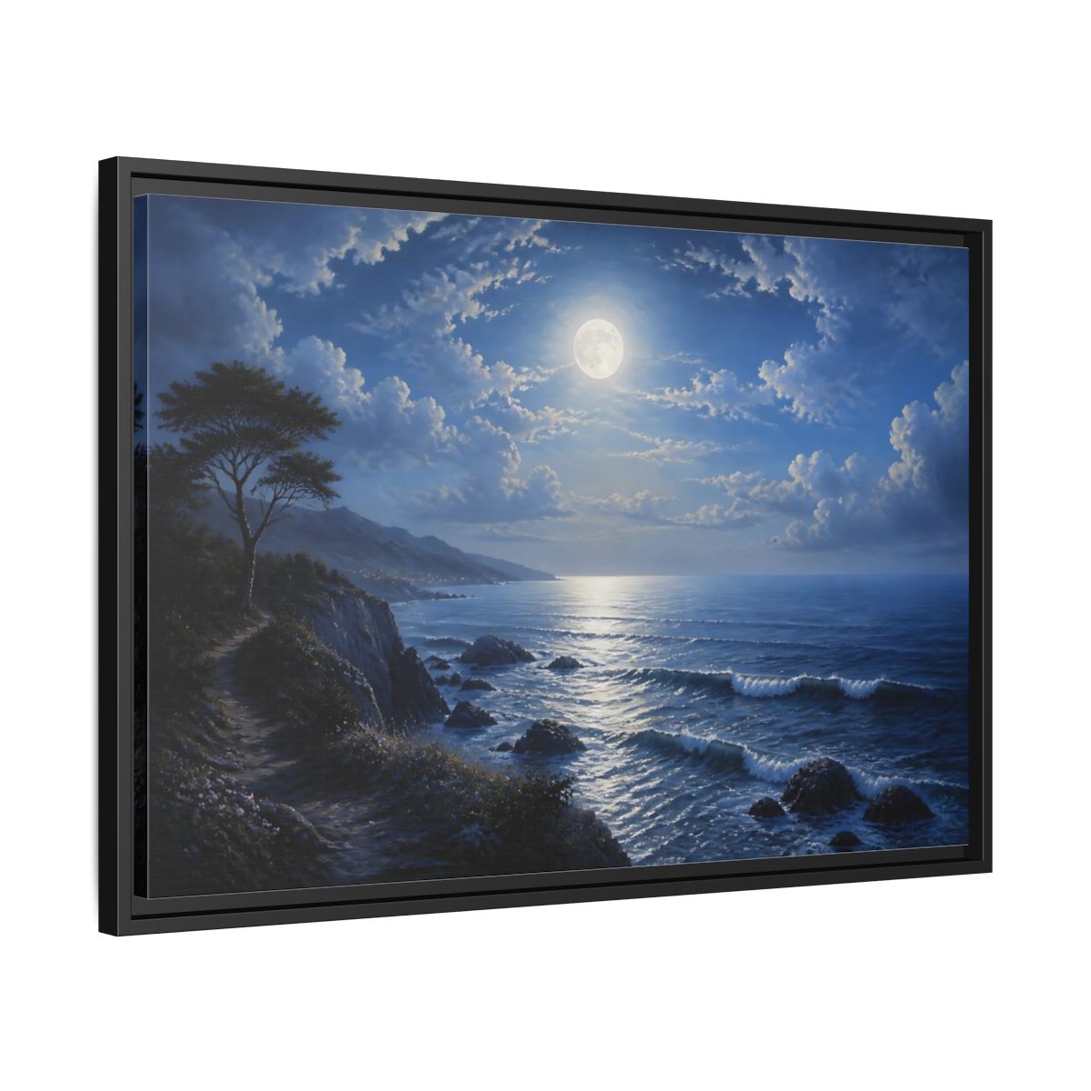 Side Mockup 14. Nature Moonlit Ocean Blue Moon Ocean shown as stretched canvas wall art