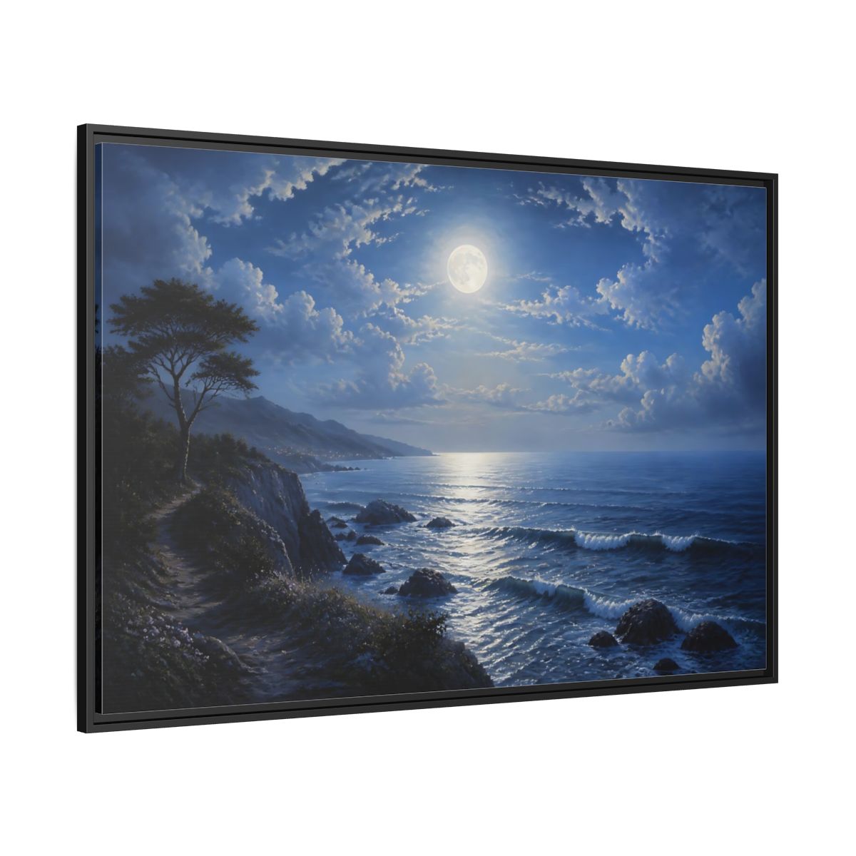 Side Mockup 12. Nature Moonlit Ocean Blue Moon Ocean shown as stretched canvas wall art