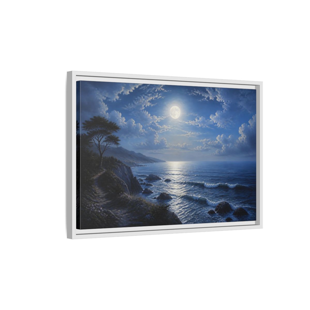 Side Mockup 1. Nature Moonlit Ocean Blue Moon Ocean shown as stretched canvas wall art