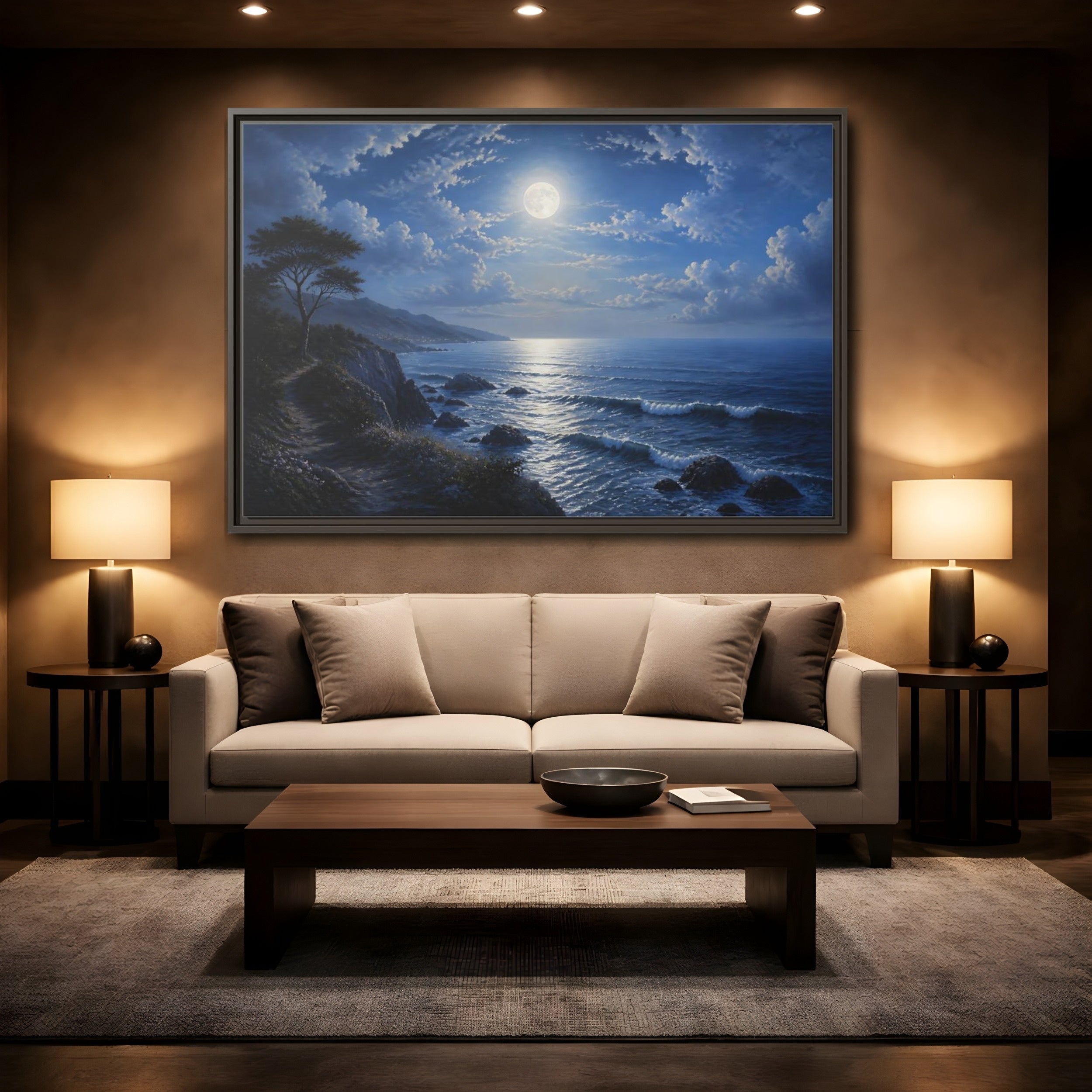 Mockup 2. Nature Moonlit Ocean Blue Moon Ocean shown as stretched canvas wall art