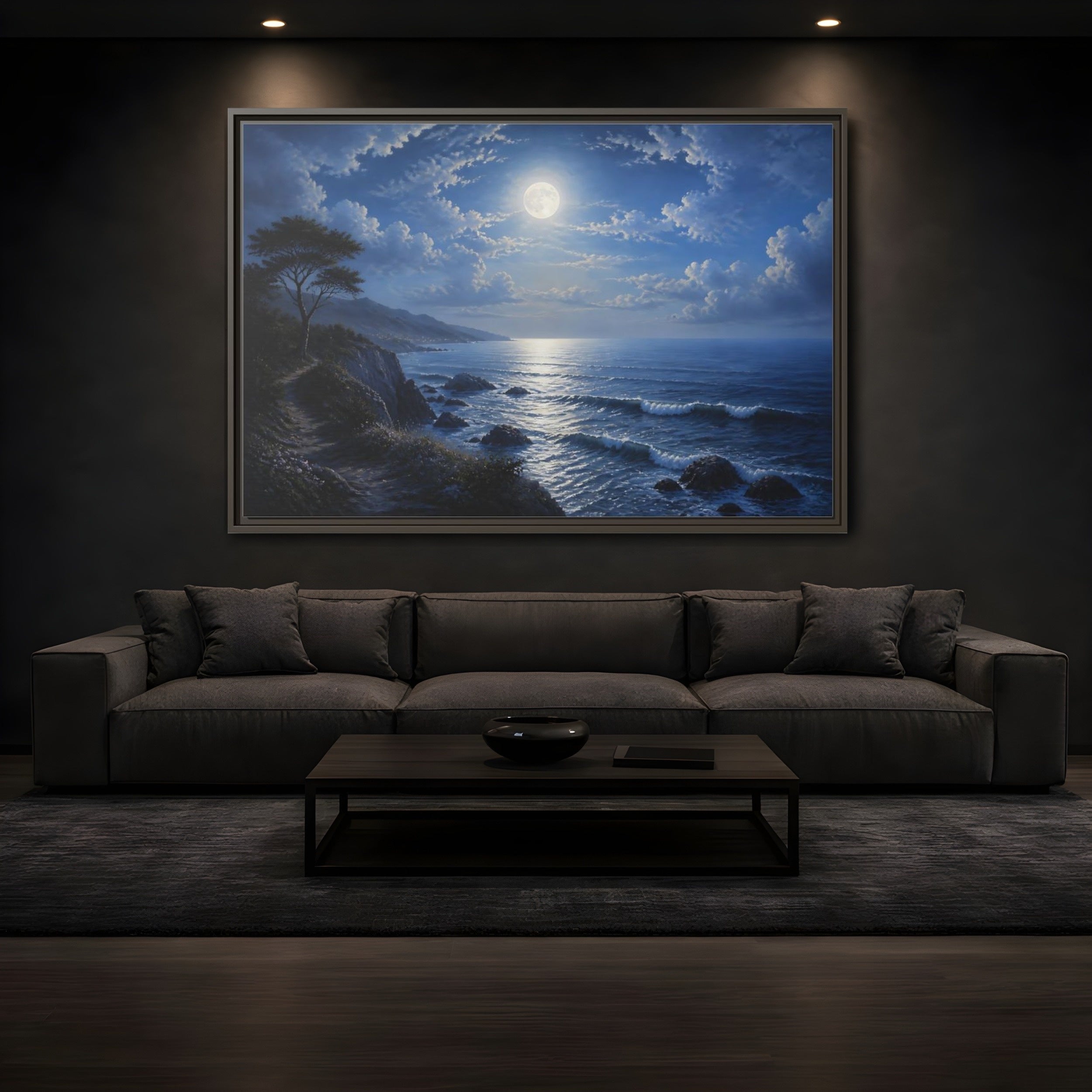 Mockup 3. Nature Moonlit Ocean Blue Moon Ocean shown as stretched canvas wall art