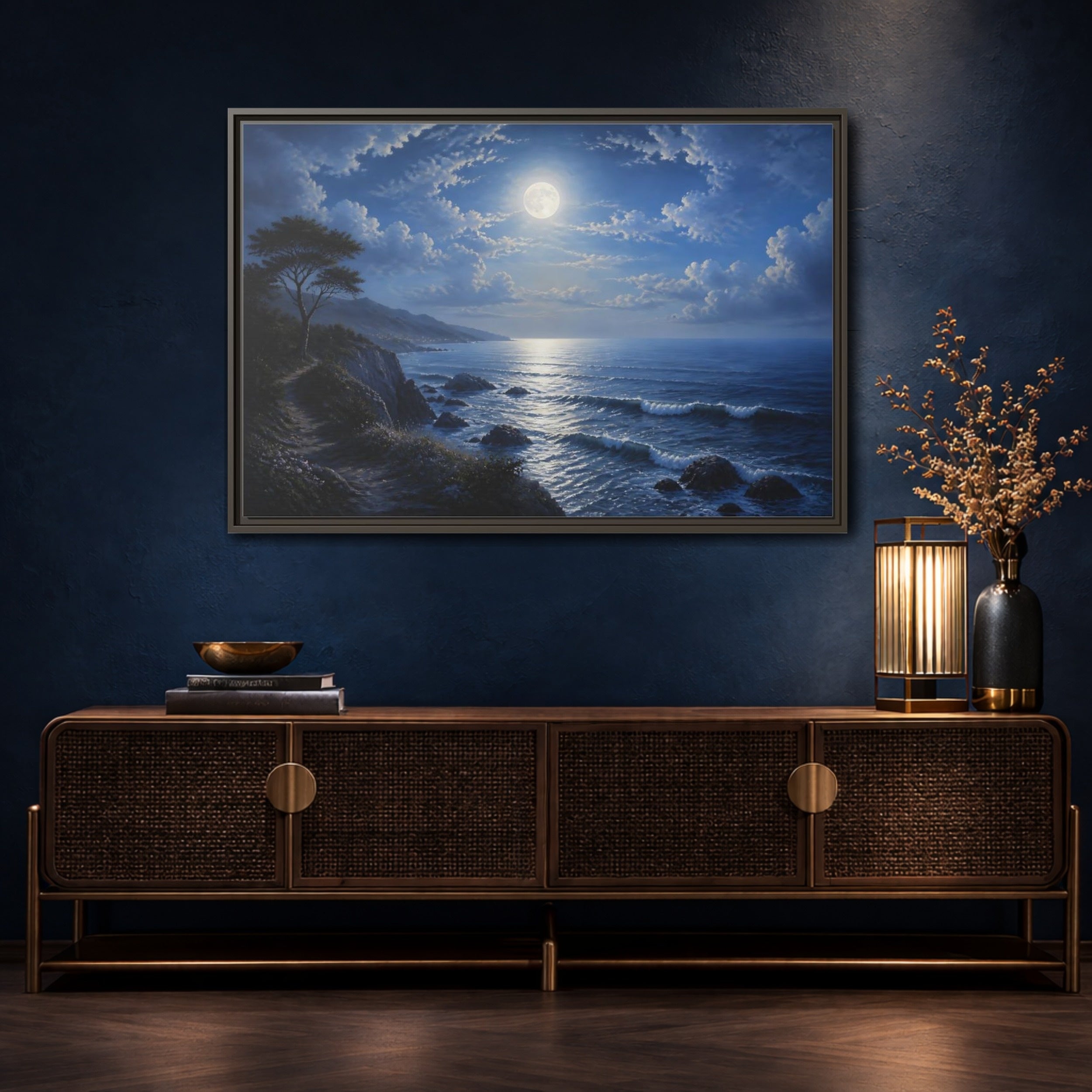 Mockup 4. Nature Moonlit Ocean Blue Moon Ocean shown as stretched canvas wall art