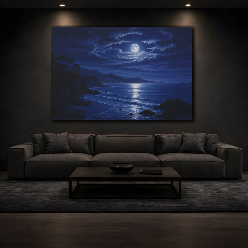 Mockup 3. Nature Moonlit Ocean Deep Blue shown as stretched canvas wall art