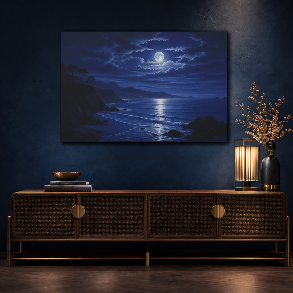 Mockup 4. Nature Moonlit Ocean Deep Blue shown as stretched canvas wall art