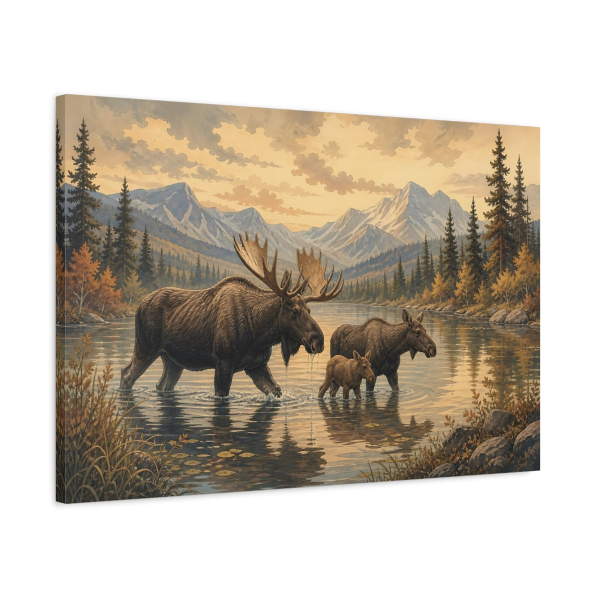 Side Mockup 2. Nature Moose Family Brown Golden Landscape shown as canvas print
