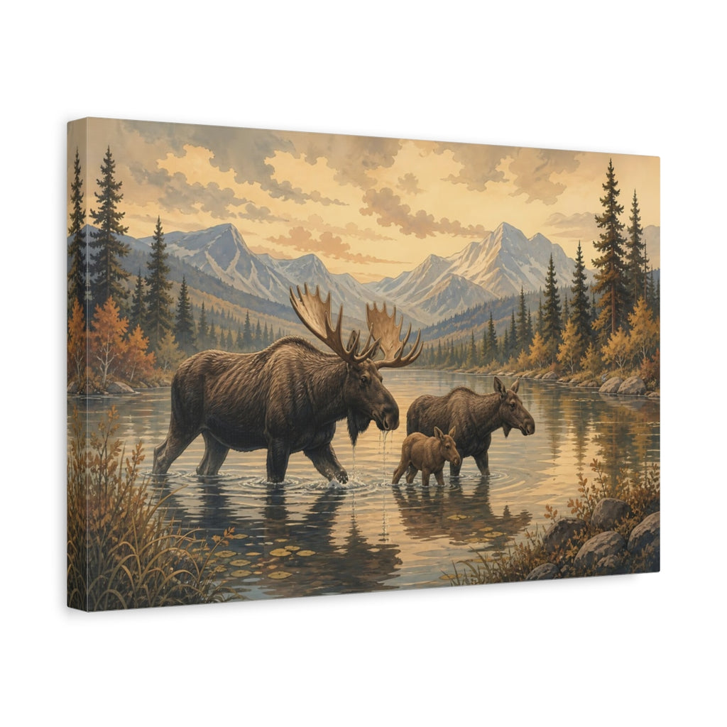 Side Mockup 4. Nature Moose Family Brown Golden Landscape shown as canvas print