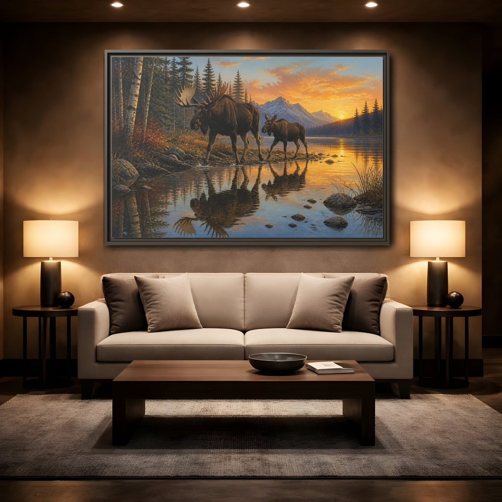 Mockup 2. Nature Moose Moose Sunset shown as stretched canvas wall art
