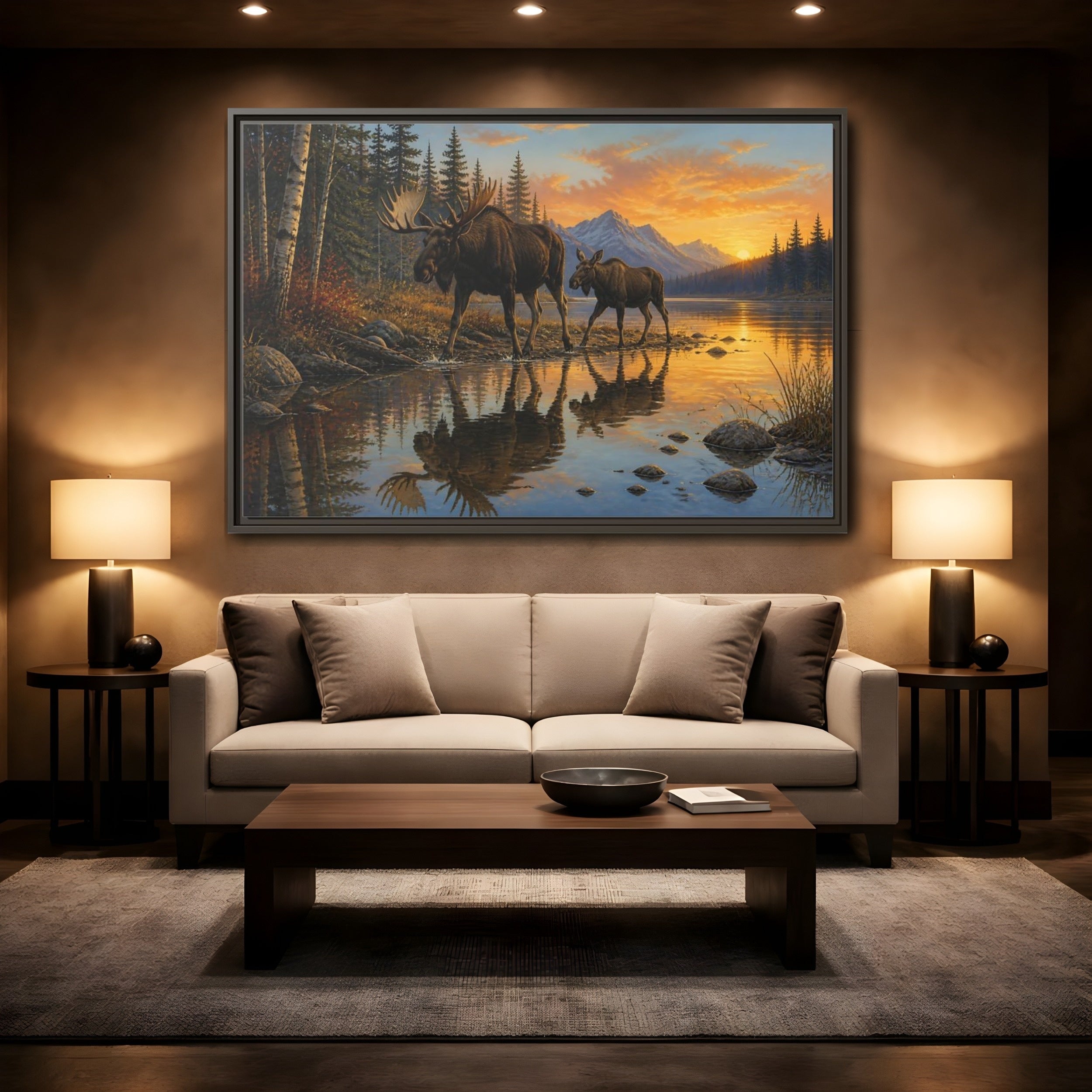 Mockup 2. Nature Moose Moose Sunset shown as stretched canvas wall art