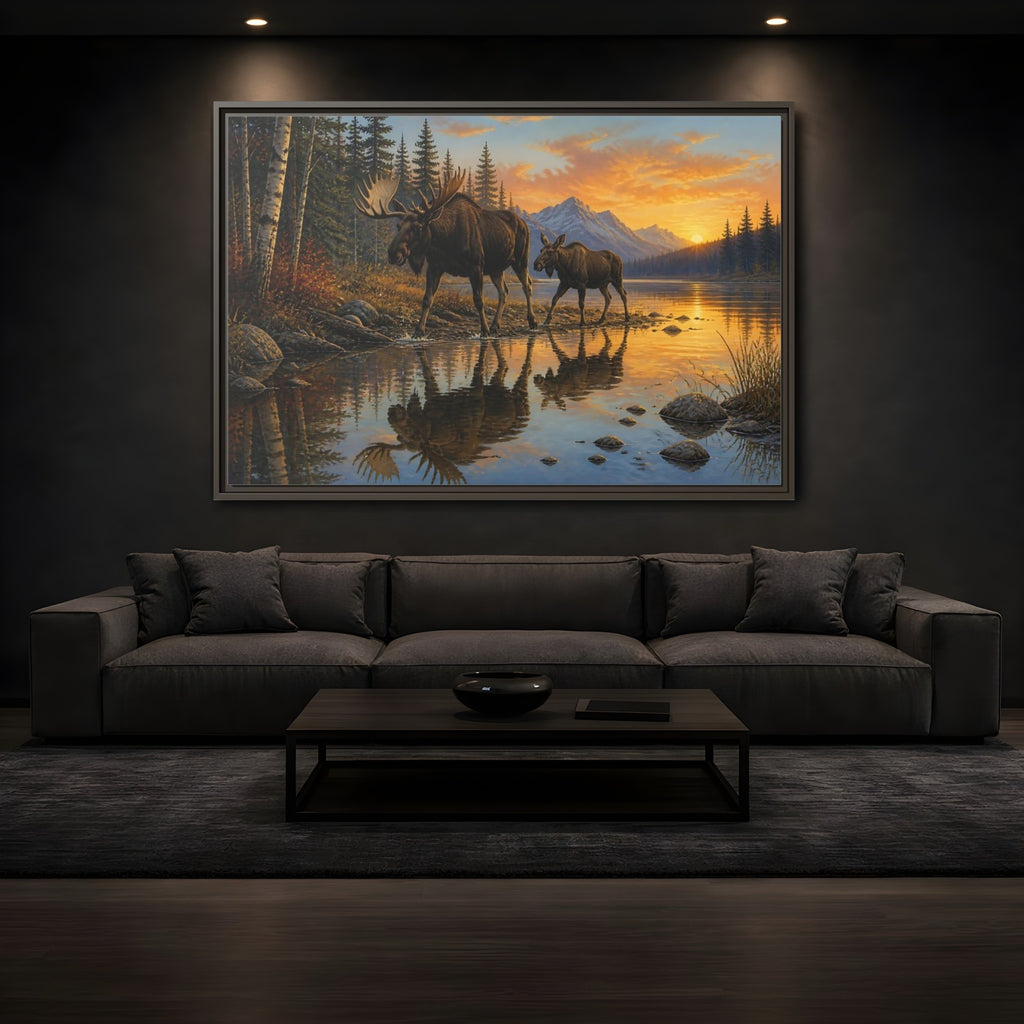 Mockup 3. Nature Moose Moose Sunset shown as stretched canvas wall art