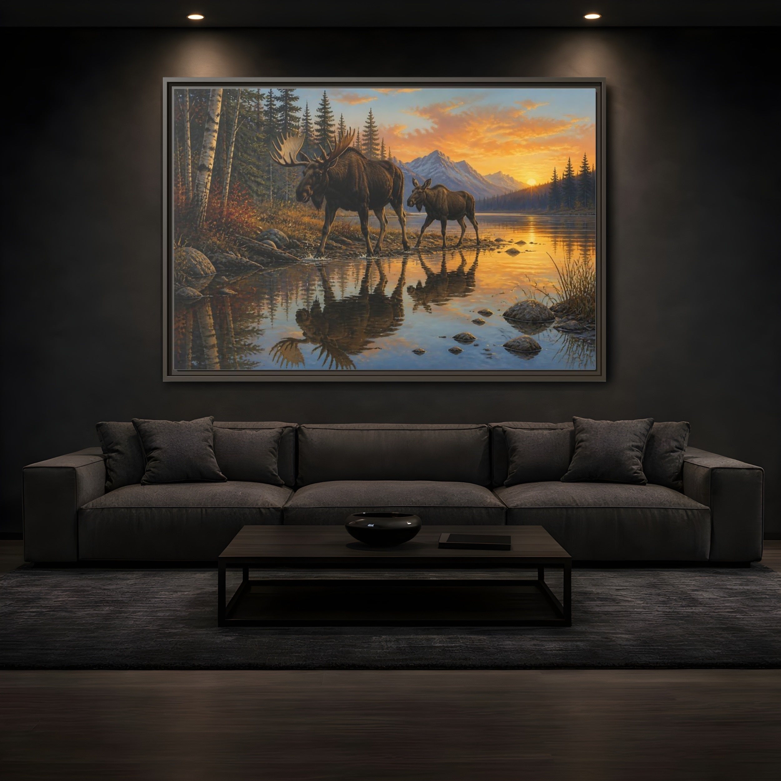 Mockup 3. Nature Moose Moose Sunset shown as stretched canvas wall art