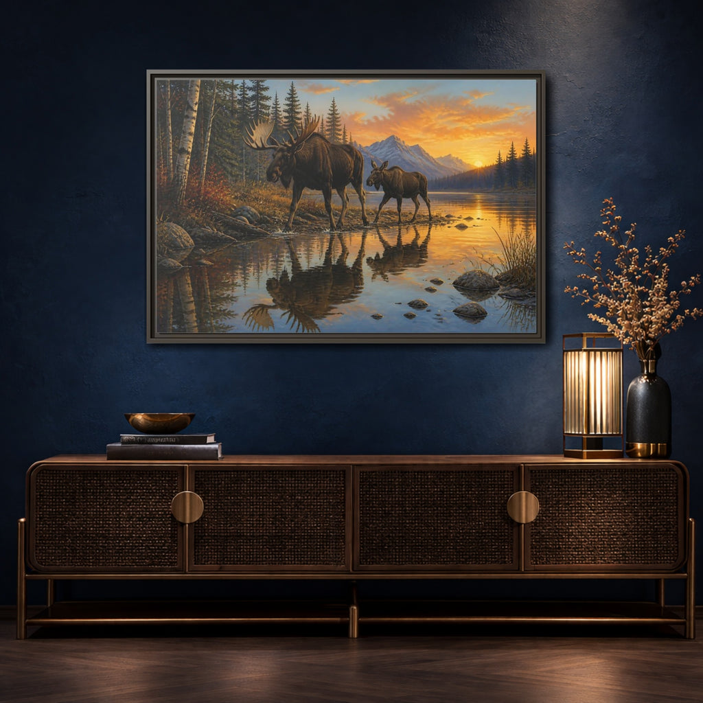 Mockup 4. Nature Moose Moose Sunset shown as stretched canvas wall art