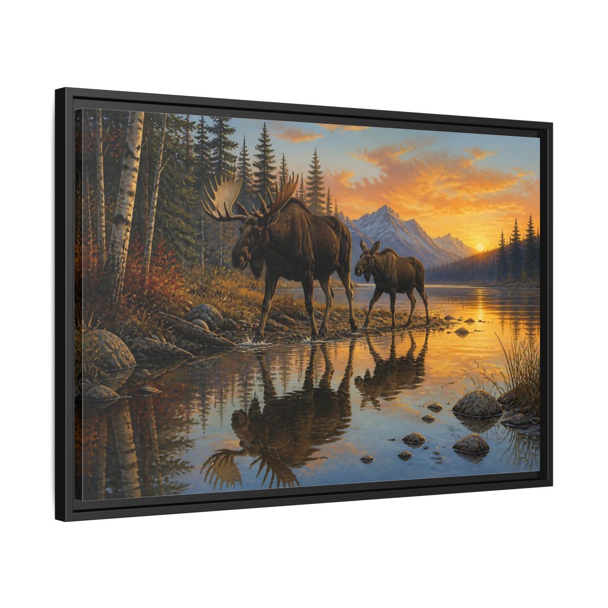 Side Mockup 14. Nature Moose Moose Sunset shown as stretched canvas wall art