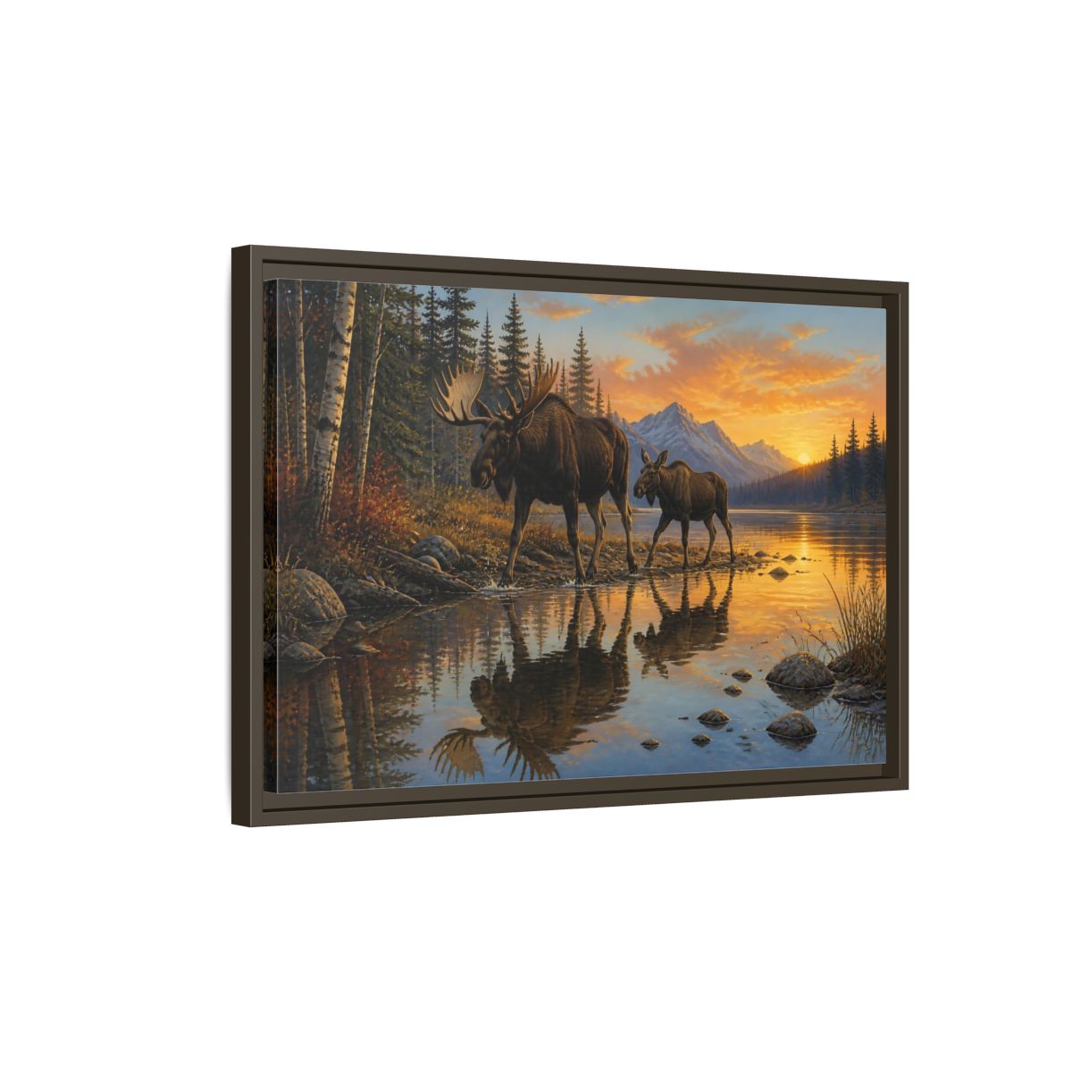 Side Mockup 2. Nature Moose Moose Sunset shown as stretched canvas wall art