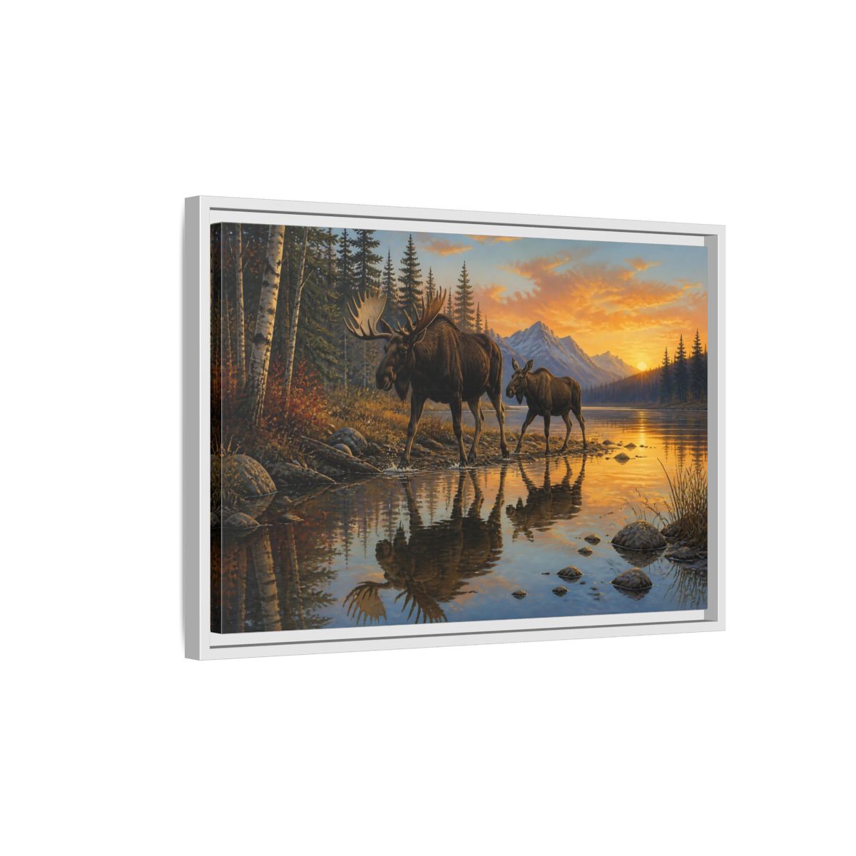 Side Mockup 1. Nature Moose Moose Sunset shown as stretched canvas wall art