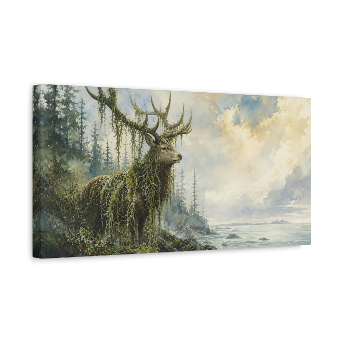 Side Mockup 3. Nature Moss Stag Moss Stag Coastal shown as stretched canvas wall art