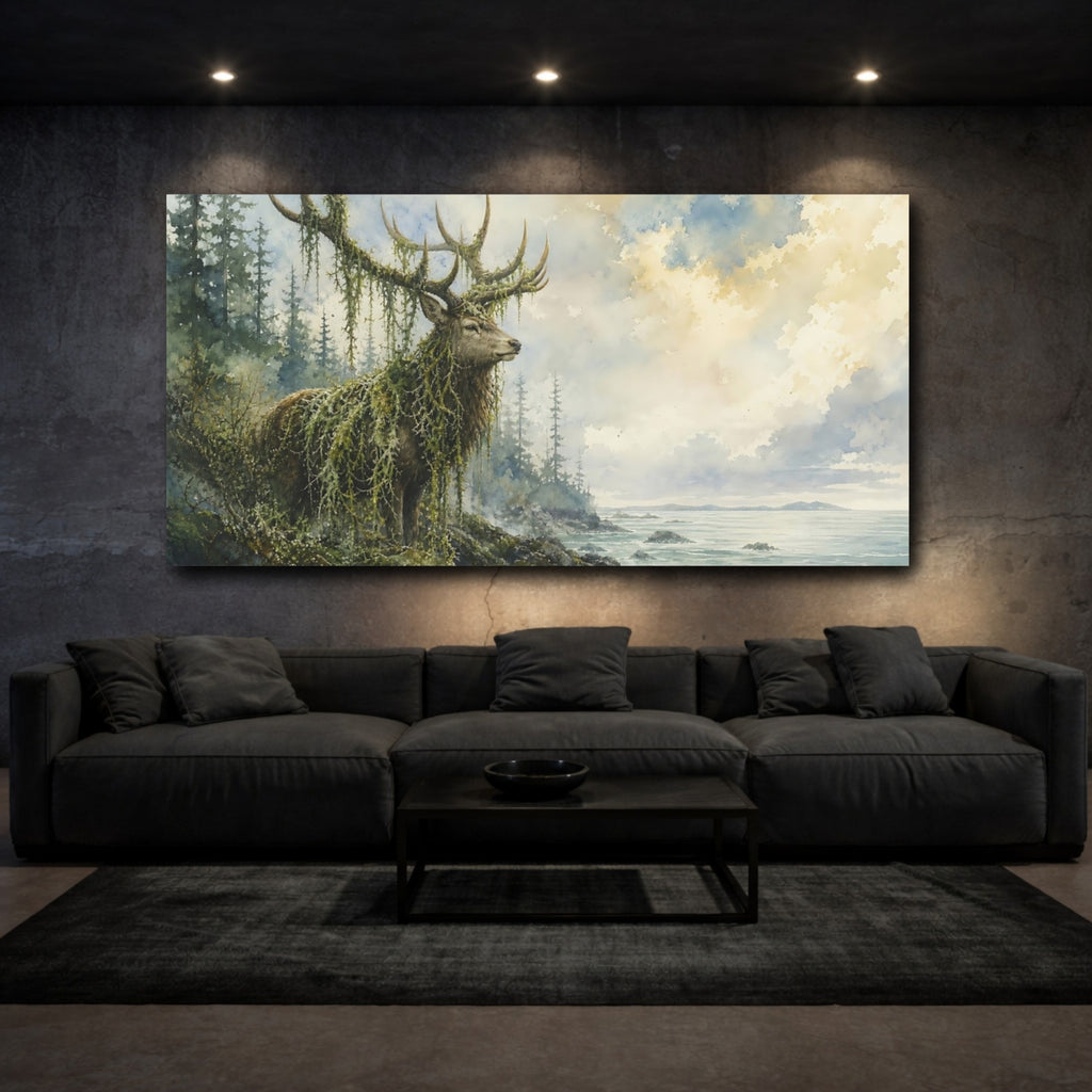 Mockup 3. Nature Moss Stag Moss Stag Coastal shown as stretched canvas wall art