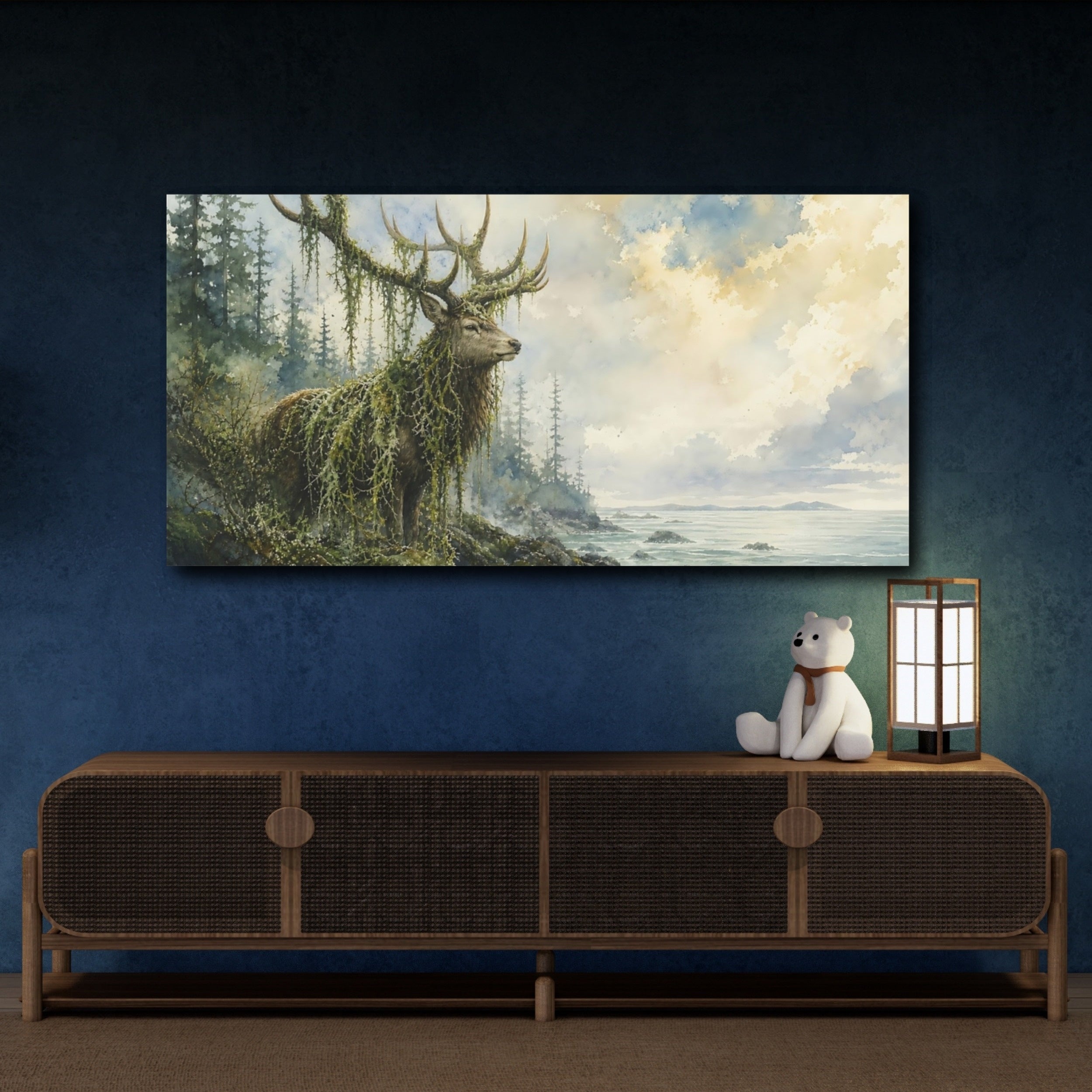 Mockup 4. Nature Moss Stag Moss Stag Coastal shown as stretched canvas wall art