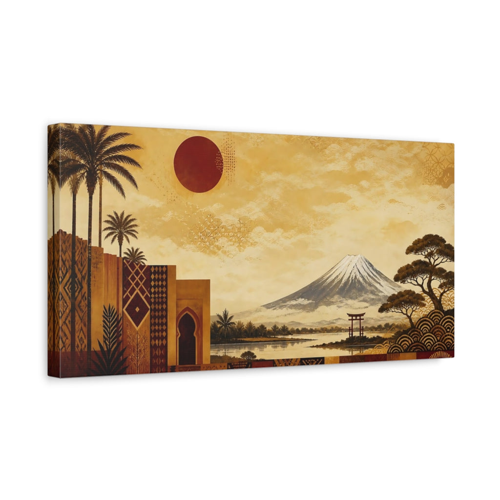 Side Mockup 3. Nature Mount Fuji Gold And Red shown as stretched canvas wall art