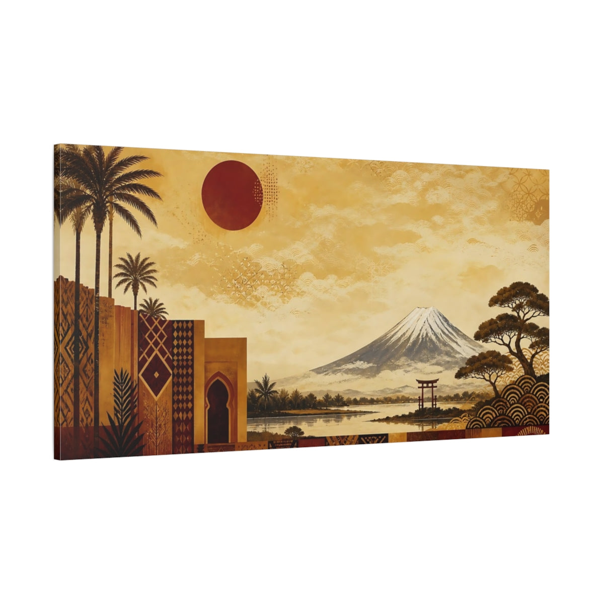 Side Mockup 2. Nature Mount Fuji Gold And Red shown as stretched canvas wall art