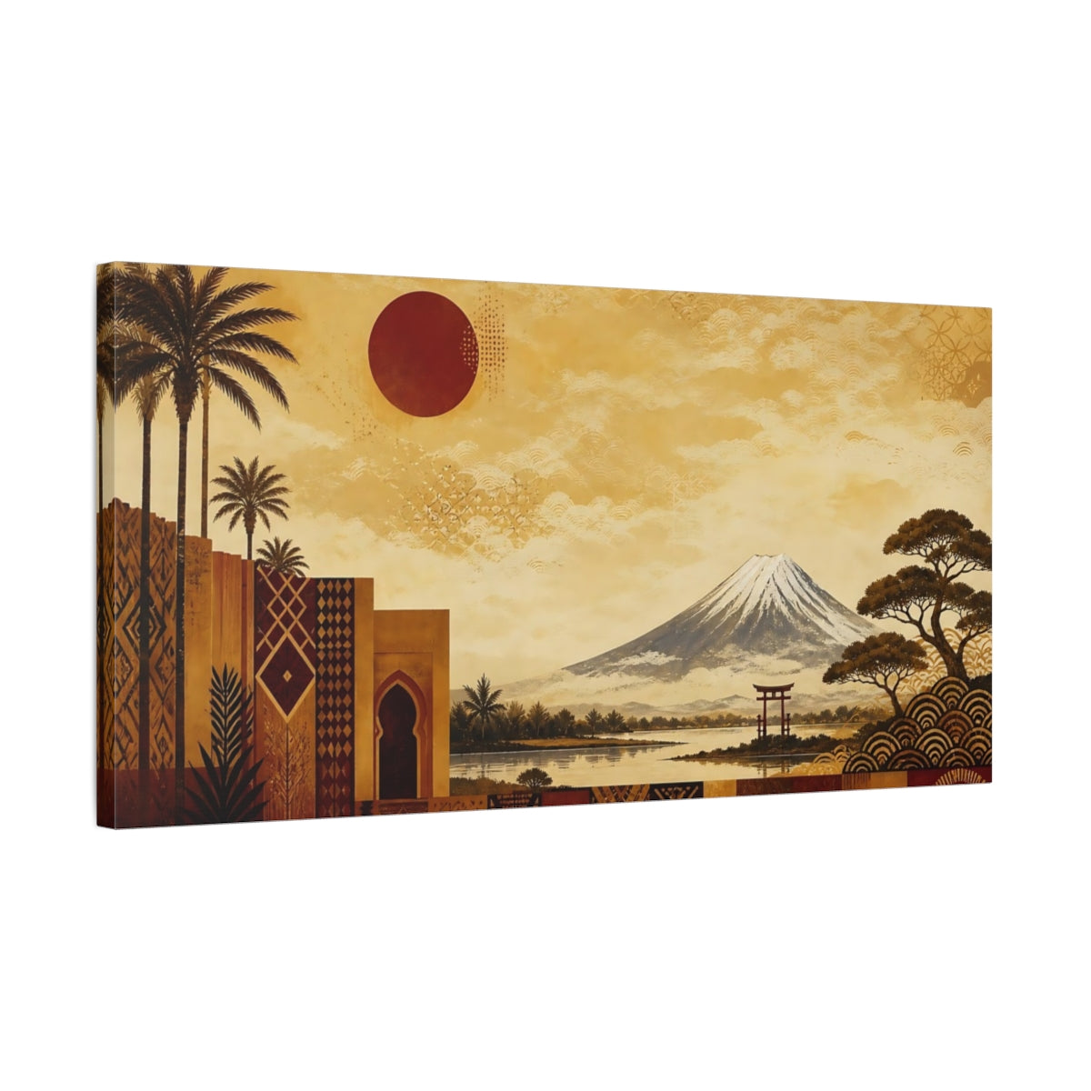 Side Mockup 1. Nature Mount Fuji Gold And Red shown as stretched canvas wall art
