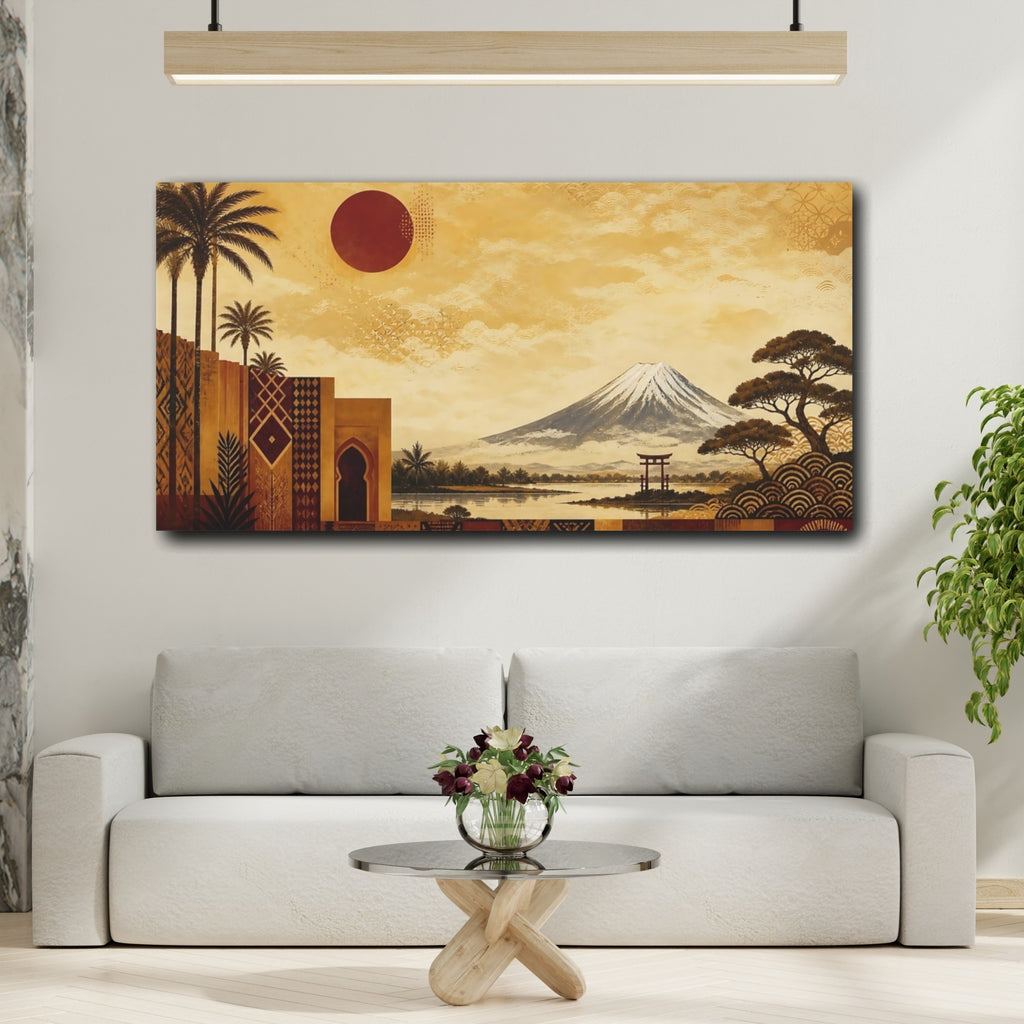 Mockup 2. Nature Mount Fuji Gold And Red shown as stretched canvas wall art