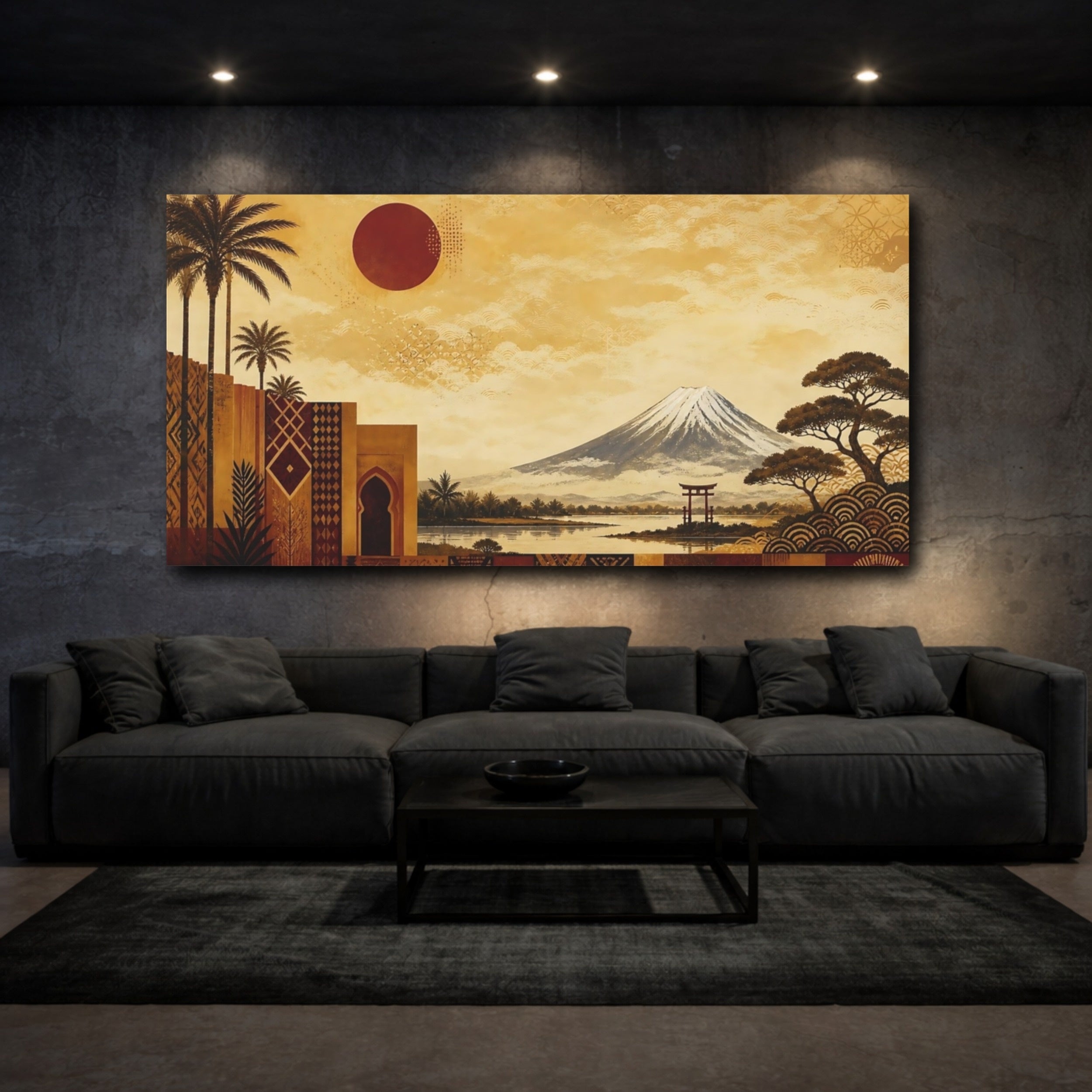 Mockup 3. Nature Mount Fuji Gold And Red shown as stretched canvas wall art