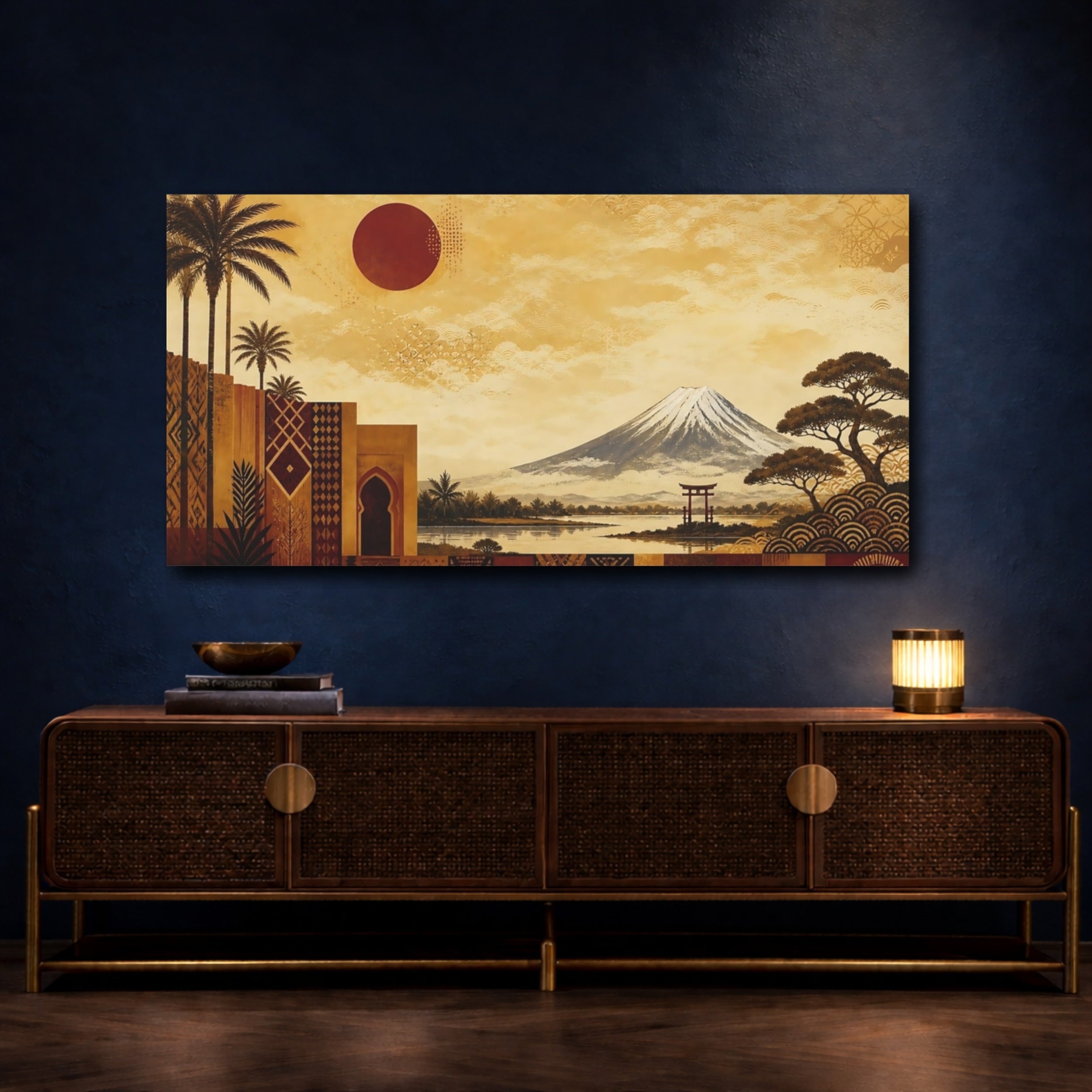 Mockup 4. Nature Mount Fuji Gold And Red shown as stretched canvas wall art