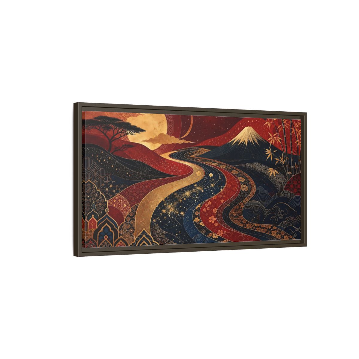 Main Mockup. Nature Mount Fuji Red Gold Landscape shown as stretched canvas wall art