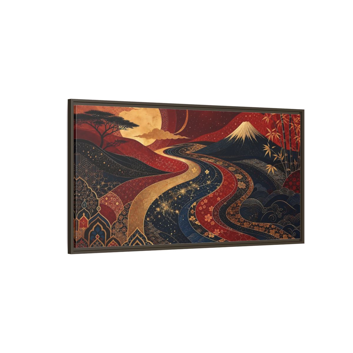 Side Mockup 4. Nature Mount Fuji Red Gold Landscape shown as stretched canvas wall art