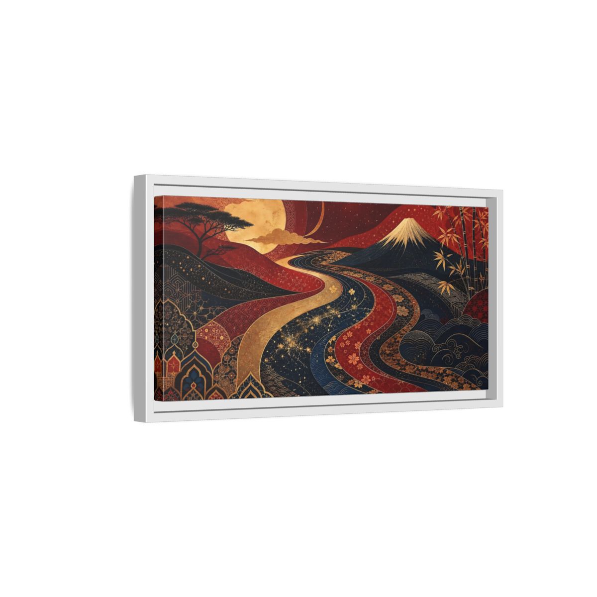 Side Mockup 6. Nature Mount Fuji Red Gold Landscape shown as stretched canvas wall art