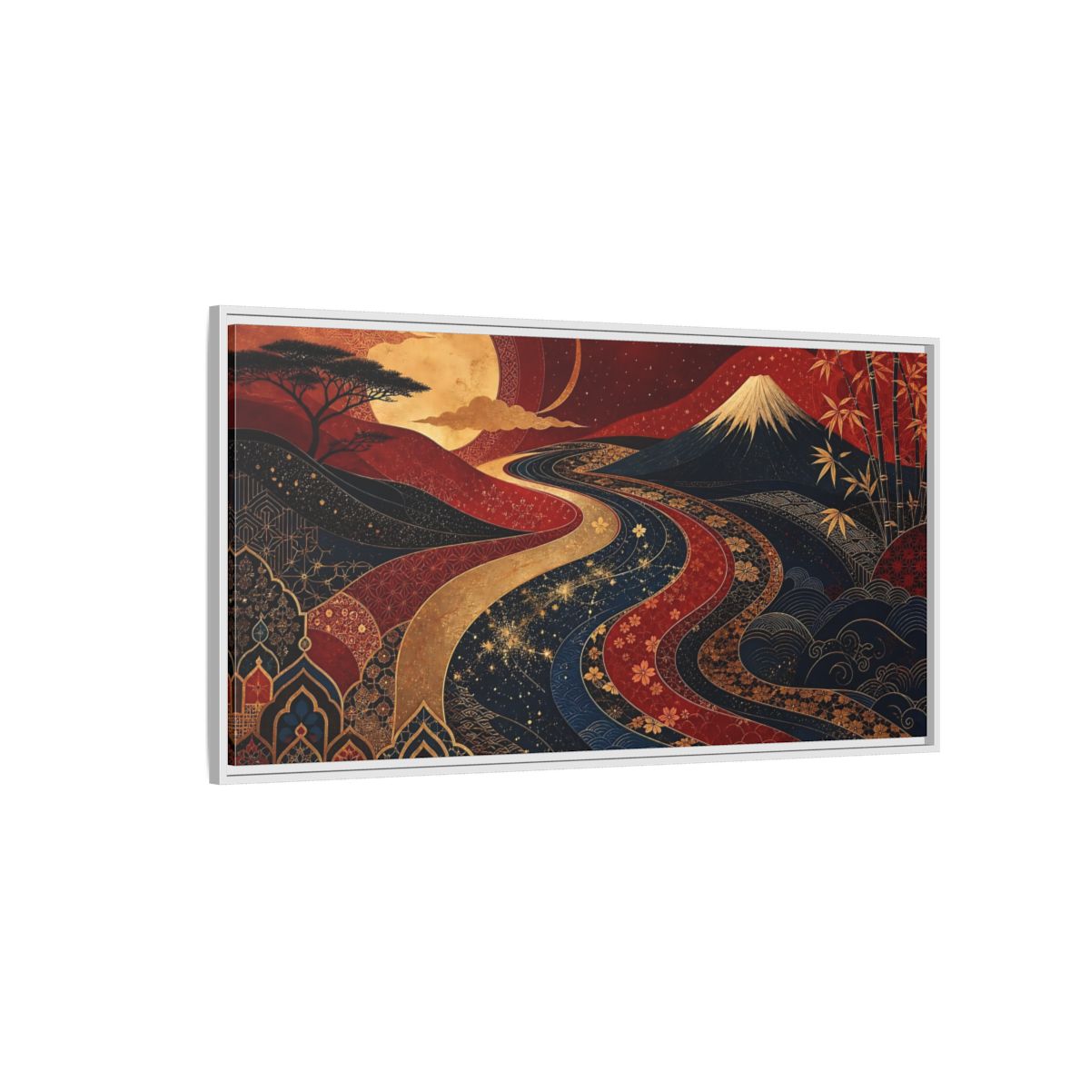 Side Mockup 3. Nature Mount Fuji Red Gold Landscape shown as stretched canvas wall art